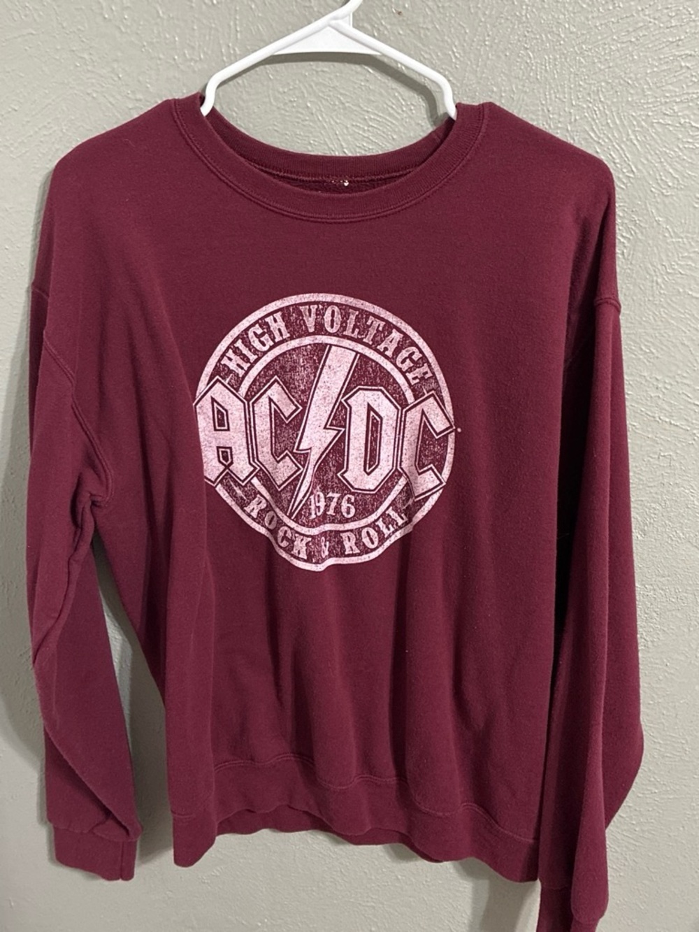 AC/DC Women's Burgundy Crewneck Sweatshirt with High Voltage Logo